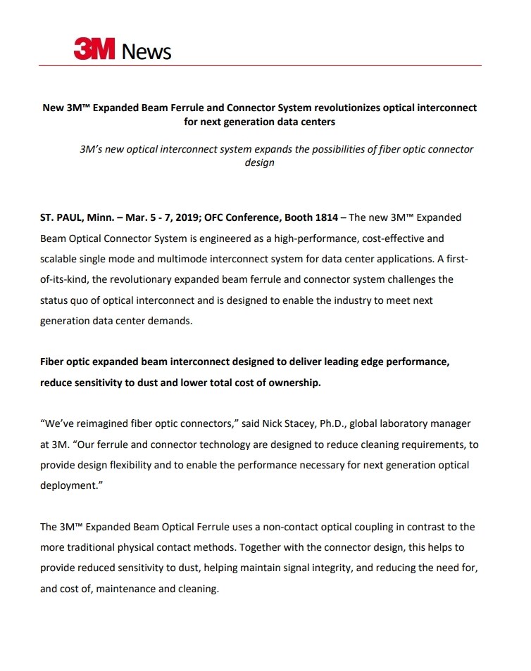 3M introduces new Expanded Beam Optical Interconnect System
