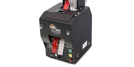 Electronic dispenser with equal lengths of red and white tape ready for removal and application
