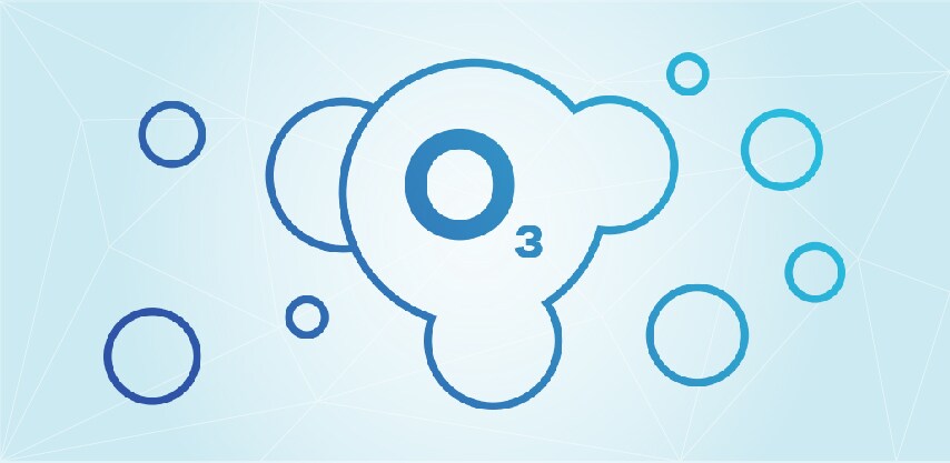 Image of an ozone molecule in blue, on a light blue background
