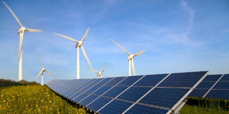 Image of wind and solar farm, an application of 3M Power Utility products
