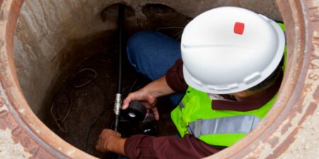 Worker using 3M Rubber Electrical Tape in a manhole, confined space
