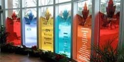 colourful transparent film applied to a glass in a museum for creativity and decor.