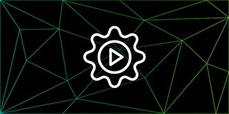 Graphic of a triangle mesh outline on a black background with an icon of a gearwheel at the centre
