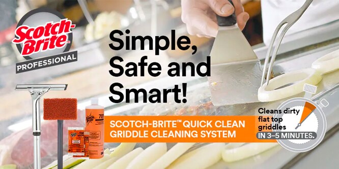 close up of chef's hands cooking on a commercial griddle stove top, featuring Scotch-brite quick clean griddle cleaning system products
