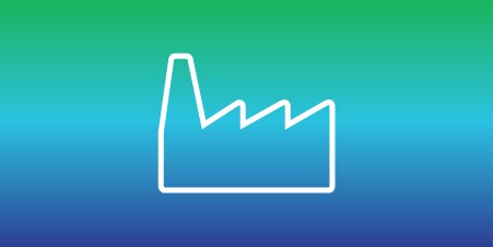 Icon of a factory, highlighting changes in manufacturing processes to minimise environmental impact.
