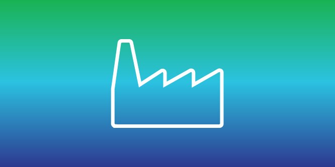 Icon of a factory, highlighting changes in manufacturing processes to minimize environmental impact.
