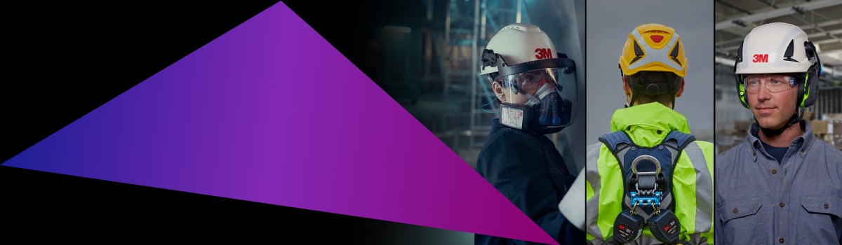 Image of 3 people wearing different safety 3M equipment on a black & purple background
