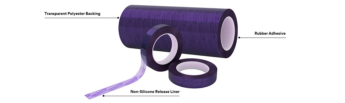 Rolls of 3M™ Anodizing Masking Tape 8985L; text Transparent Polyester Backing, Rubber Adhesive, Non-Silicone Release Liner
