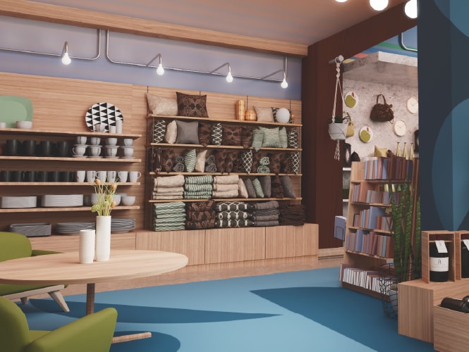 Cosy retail space with wooden shelving, decorative items, and a seating area, showcasing a blend of style and functionality.
