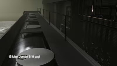 A dark image showing a row of large cylindrical containers or tanks along a walkway with metal railings.

