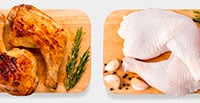 Four cutting boards display cooked chicken breasts and drumsticks on the left, and uncooked on the right.